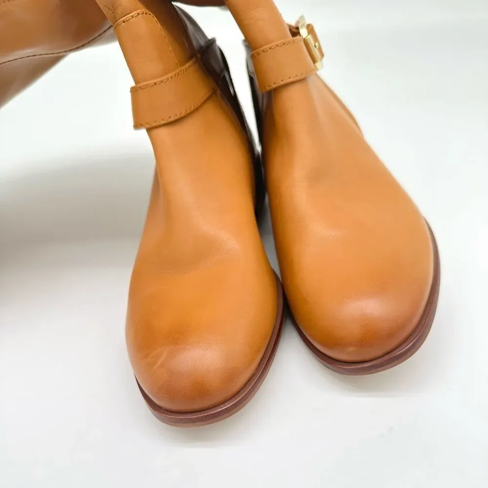 VINCE CAMUTO Buckle Accent Ovarlym Round Toe Block Heel Leather Riding Boot